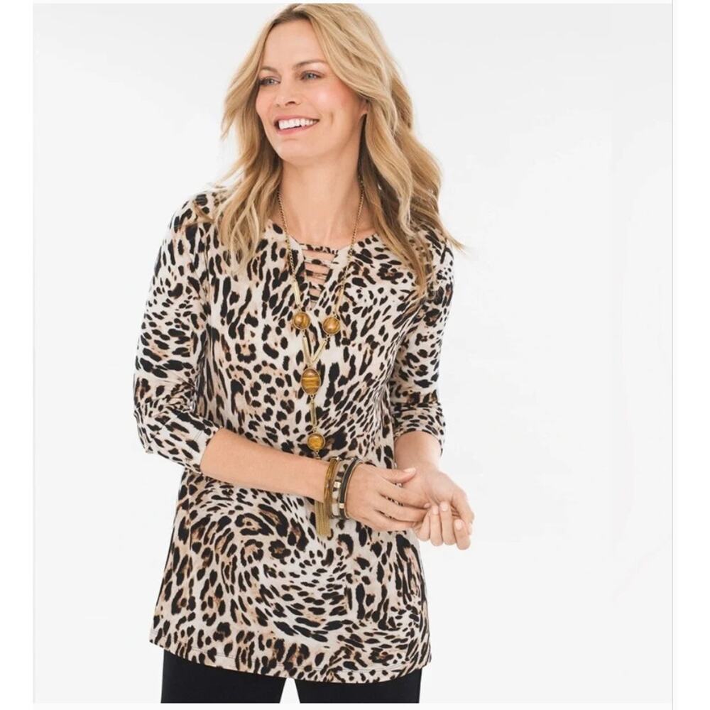 Chico's Travelers 2 Leopard Animal Print Tunic 3/4 Sleeve Slinky Travel (12/14)